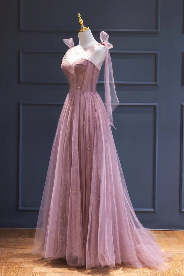 Wholesale Pink Tulle Long A-Line Prom Dress Pink Evening Dress with Corset